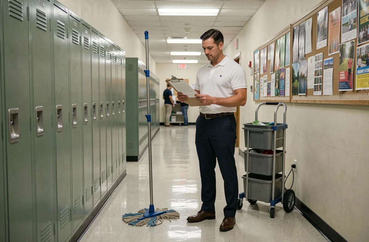 Agent d'entretien masculin dans un couloir d'école consultant un document professionnel