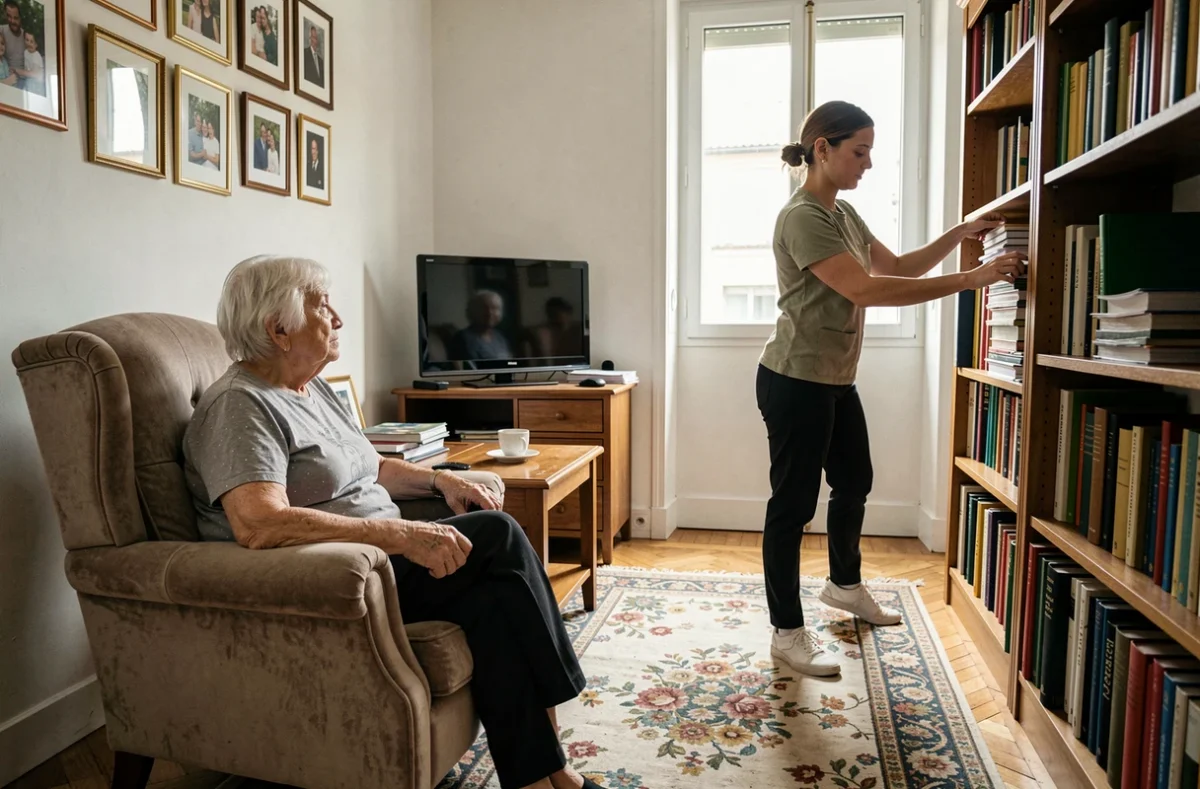 Une aide à domicile aidant une personne âgée dans son salon à Lyon, représentant l'accompagnement ménager financé par la CAF