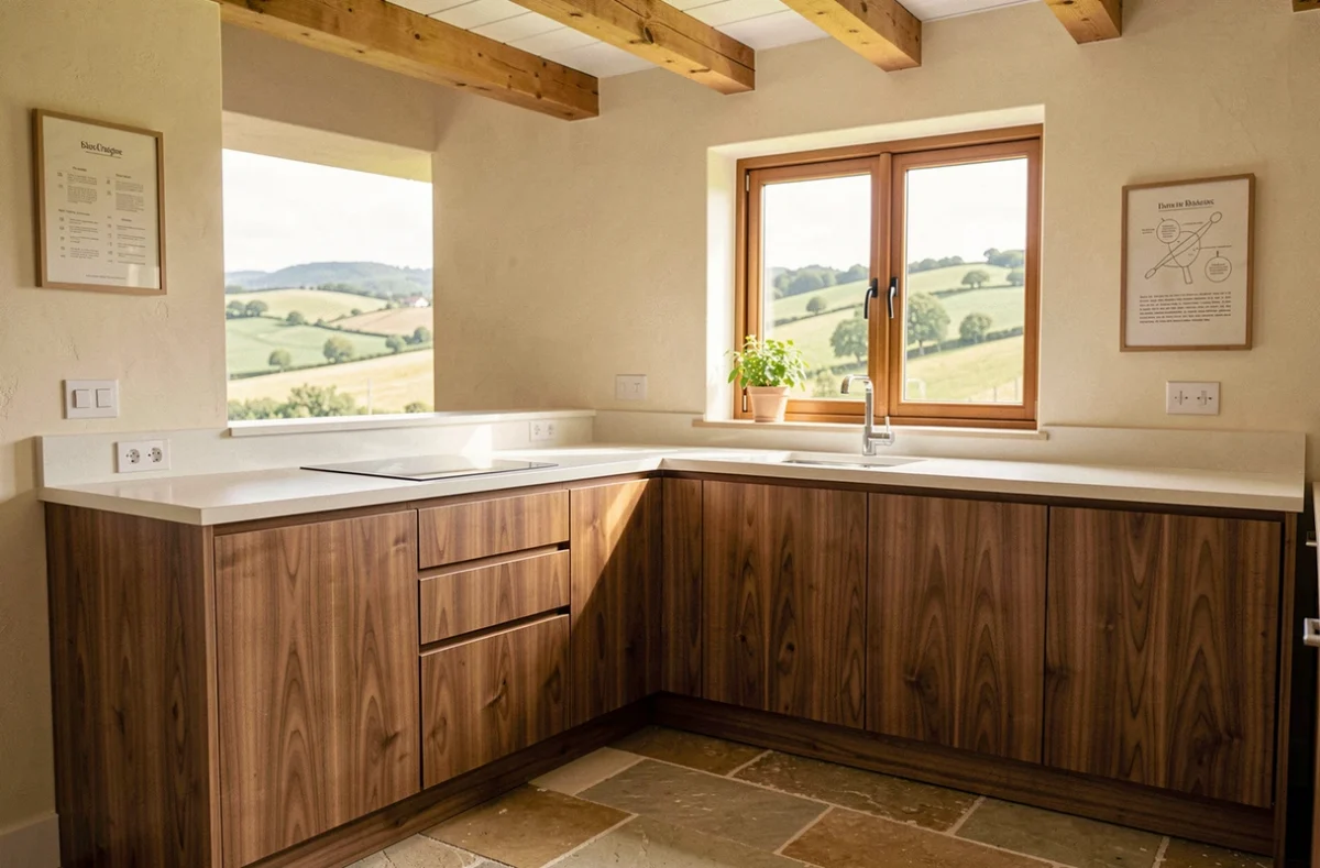 Cuisine béarnaise d'Ajc Bearn en noyer et Corian blanc avec vue sur la campagne