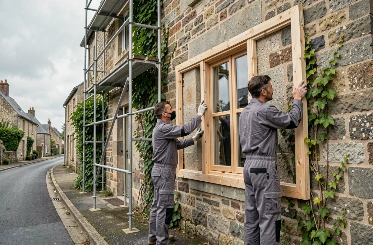 Deux artisans de All Works installant une fenêtre en bois sur une bâtisse en pierre normande dans le Calvados