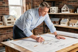 Architecte analysant les plans de dimensions d'une fenêtre de toit avec les normes de sécurité en vigueur