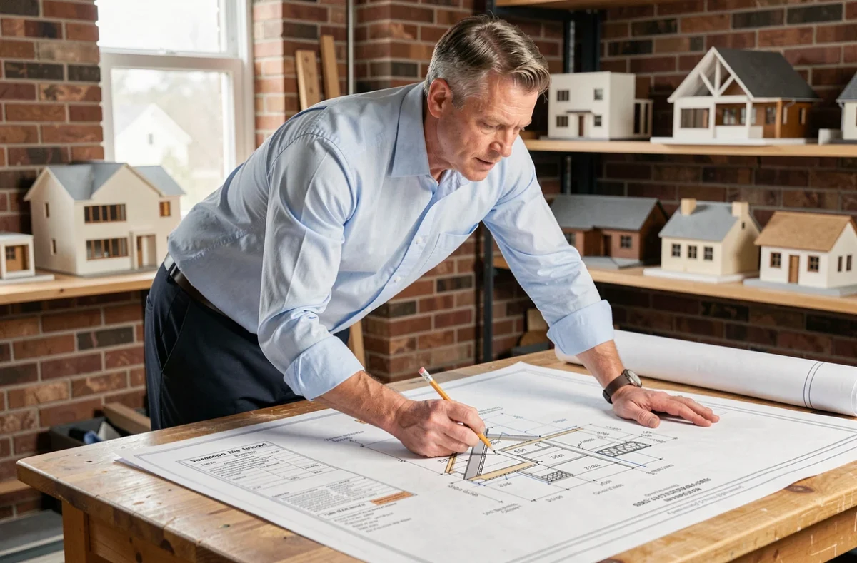 Architecte analysant les plans de dimensions d'une fenêtre de toit avec les normes de sécurité en vigueur