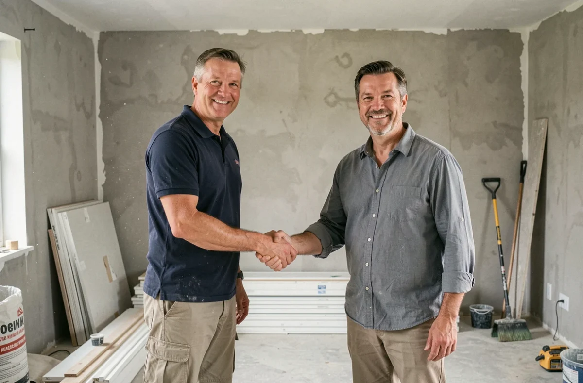 Artisan et propriétaire se serrant la main après accord sur des travaux de rénovation