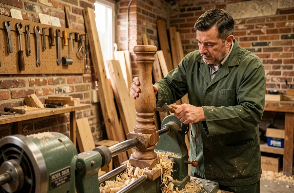 Menuisier des Ateliers Duvernois Caen façonnant un balustre en bois sur un tour dans un atelier artisanal traditionnel