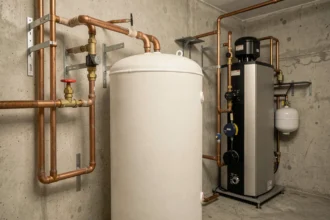 Ballon tampon pour pompe à chaleur installé dans une chaufferie résidentielle avec raccordements cuivre