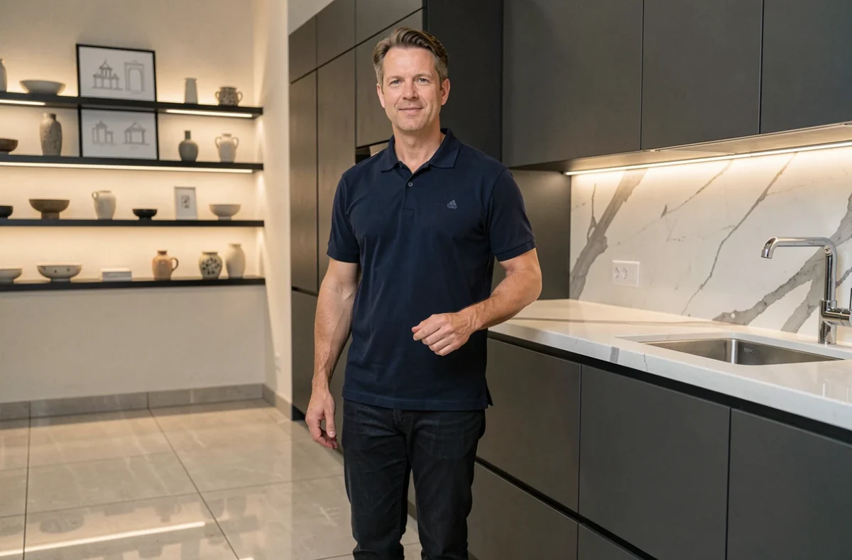 Designer de Boïko Cuisines présentant une cuisine sur mesure aux tons charbon et quartz blanc