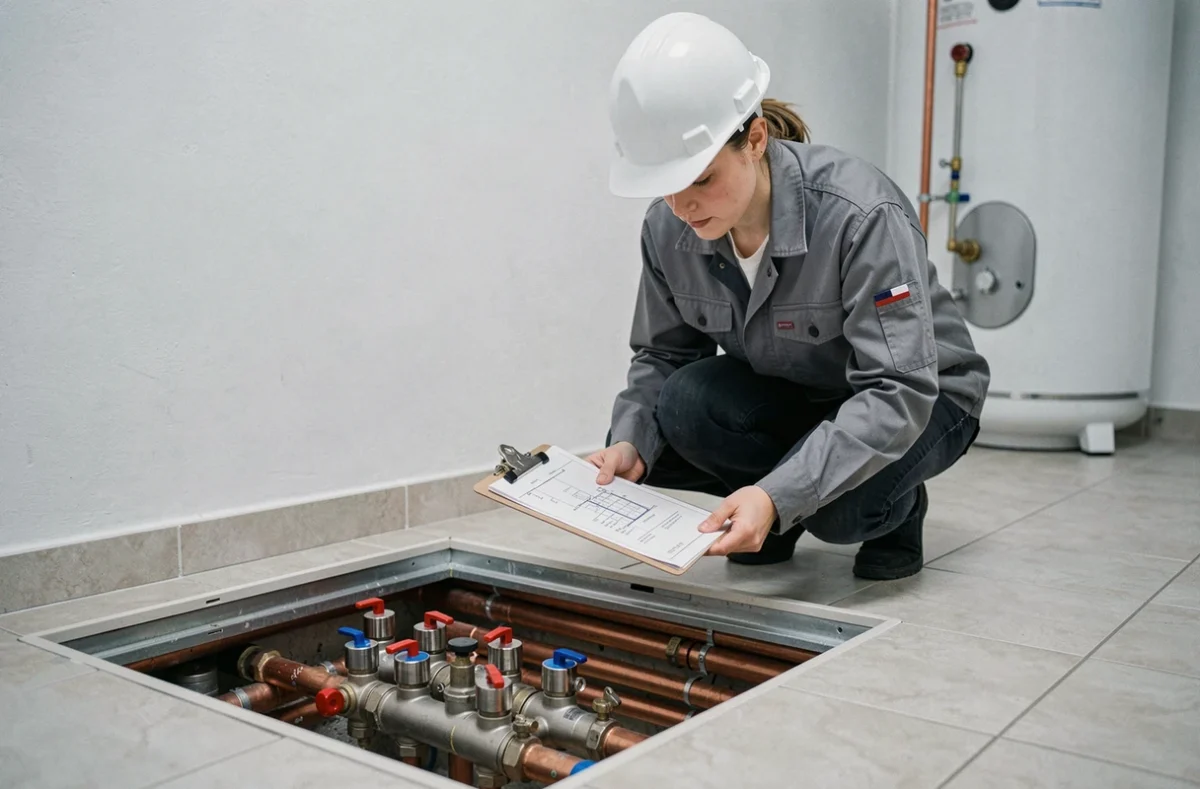 Ingénieure inspectant le collecteur de plancher chauffant dans une chaufferie technique résidentielle