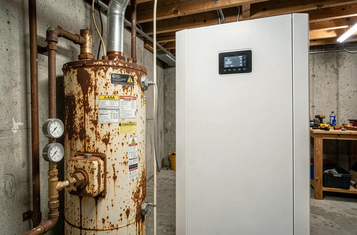Comparaison côte à côte d'une ancienne chaudière fioul rouillée et d'une nouvelle pompe à chaleur moderne dans un sous-sol