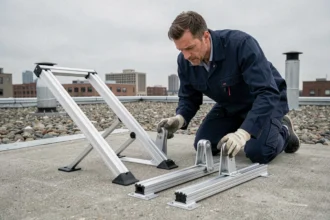 Technicien comparant deux modèles de supports de panneaux solaires inclinables sur un toit plat urbain
