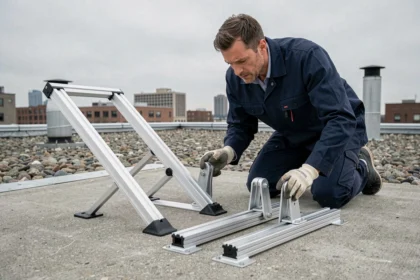 Technicien comparant deux modèles de supports de panneaux solaires inclinables sur un toit plat urbain