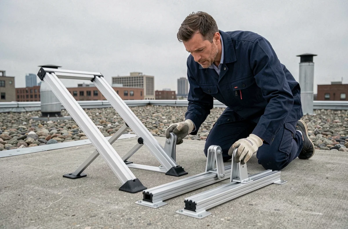 Technicien comparant deux modèles de supports de panneaux solaires inclinables sur un toit plat urbain