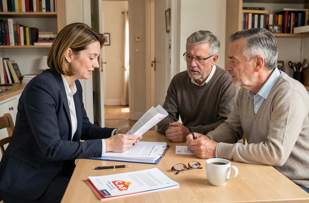 Conseillère expliquant les démarches d'aide ménagère CAF à un couple dans un appartement lyonnais lors d'une consultation administrative