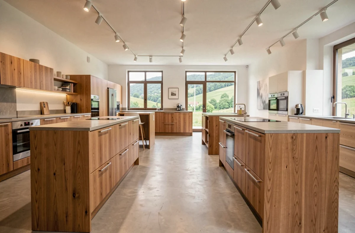 Showroom de cuisinistes modernes dans les Pyrénées-Atlantiques avec plusieurs cuisines exposées