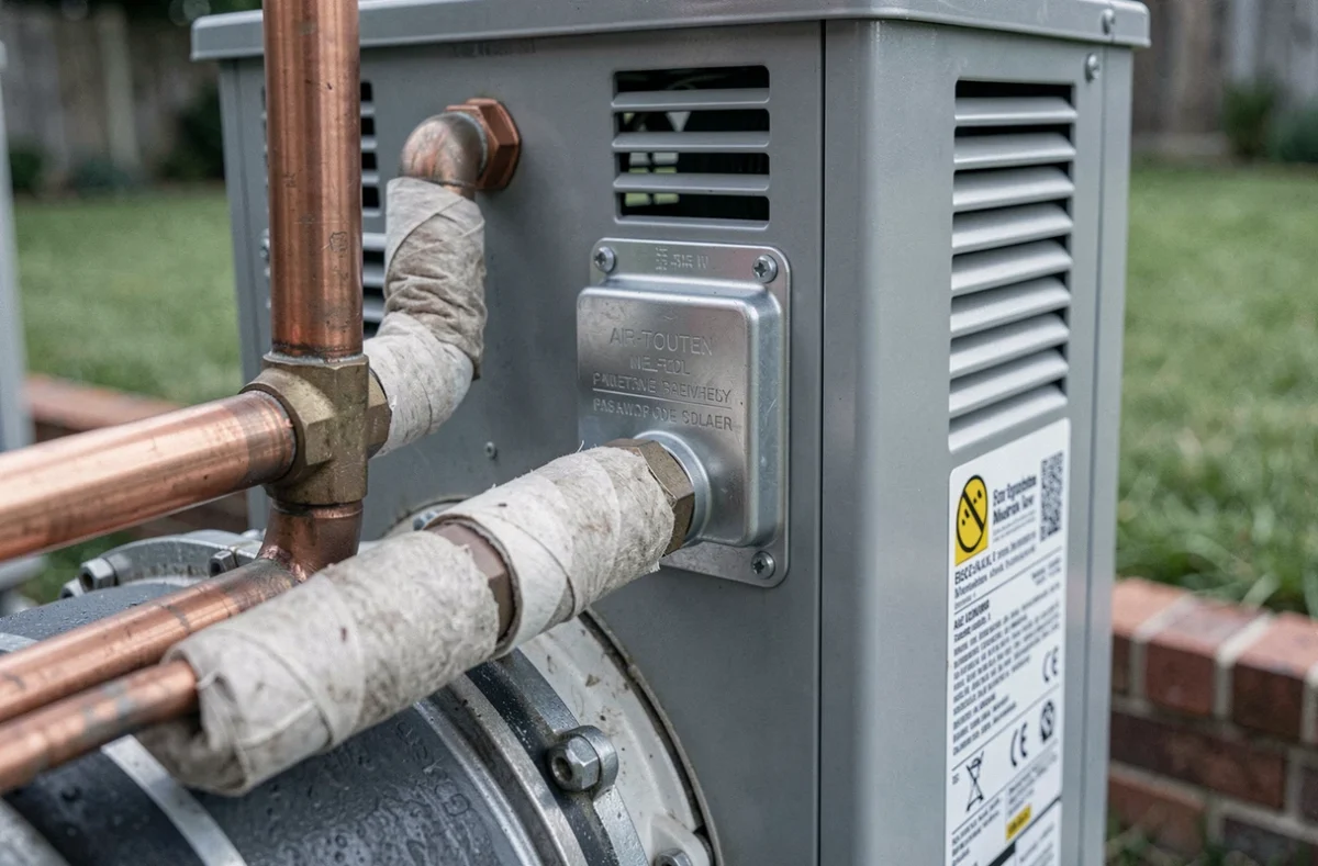 Détail des tuyaux et du compresseur d'une pompe à chaleur air eau installée en extérieur