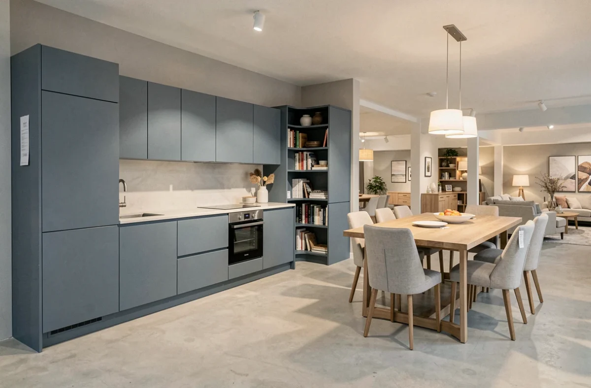 Espace cuisine et mobilier intégré d'E P J Mobilier avec caissons bleus et coin repas