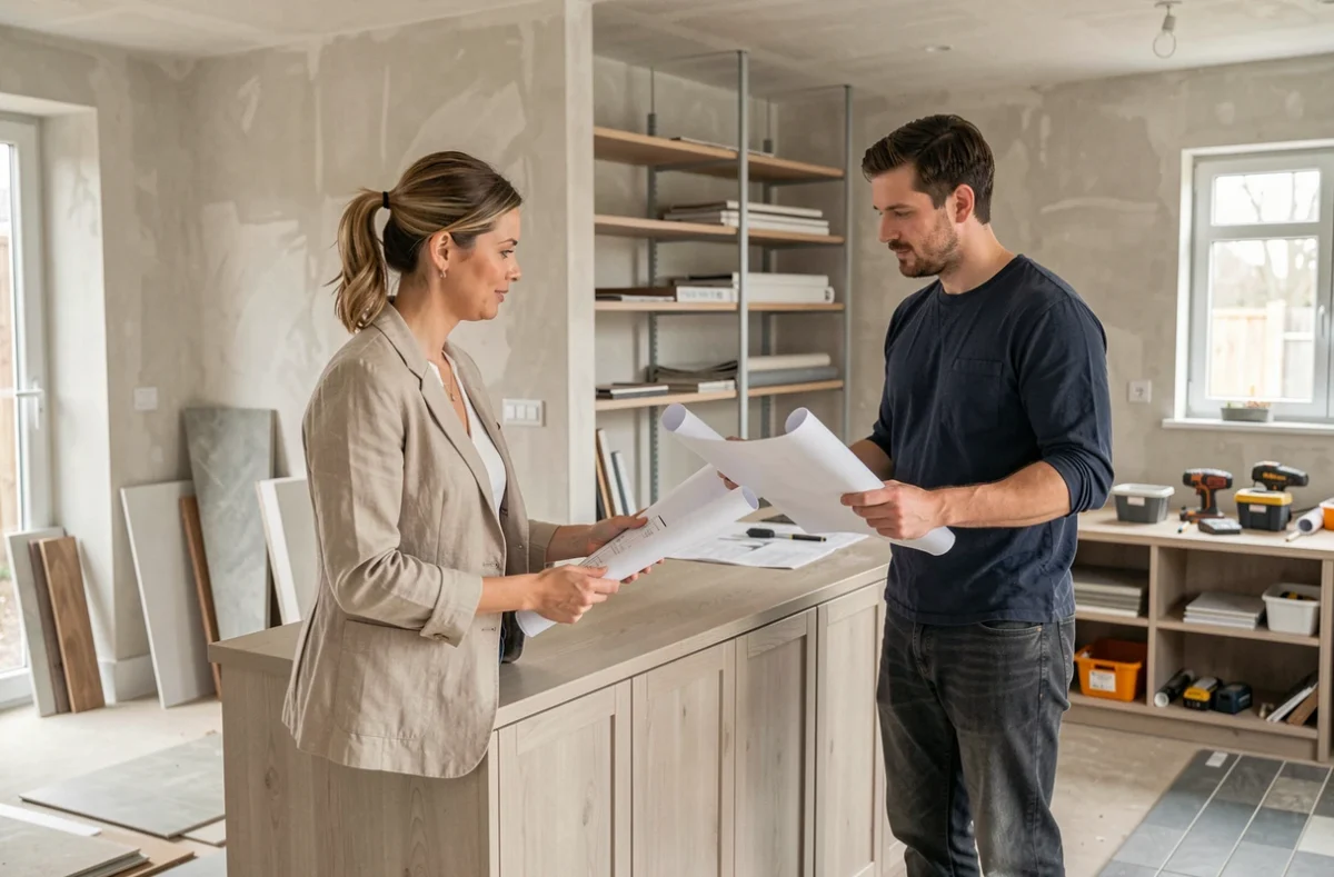 Une designer et un artisan de Fafin Habitat examinant des plans devant des armoires de cuisine en frêne dans une maison en rénovation