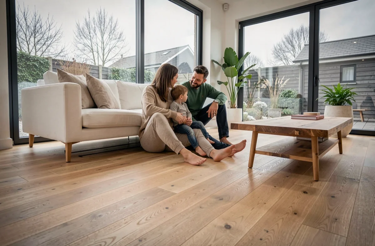 Famille profitant de la chaleur d'un plancher chauffant couplé à une pompe à chaleur dans un salon moderne
