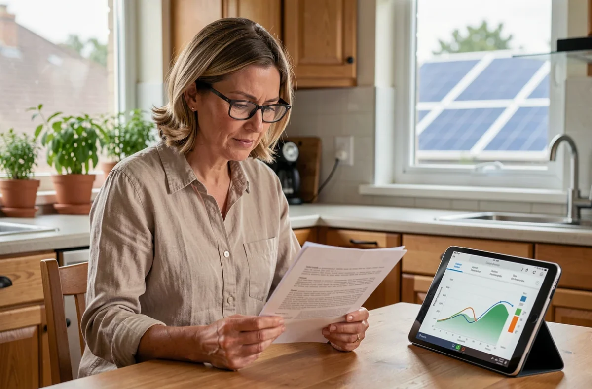 Femme analysant la consommation d'énergie d'une installation solaire triphasée à domicile