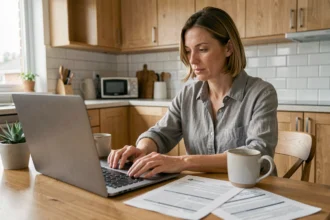 Femme comparant des devis d'artisans en ligne depuis son domicile sur un ordinateur portable