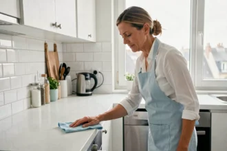 Femme de ménage professionnelle nettoyant un plan de cuisine dans un appartement moderne à Drancy