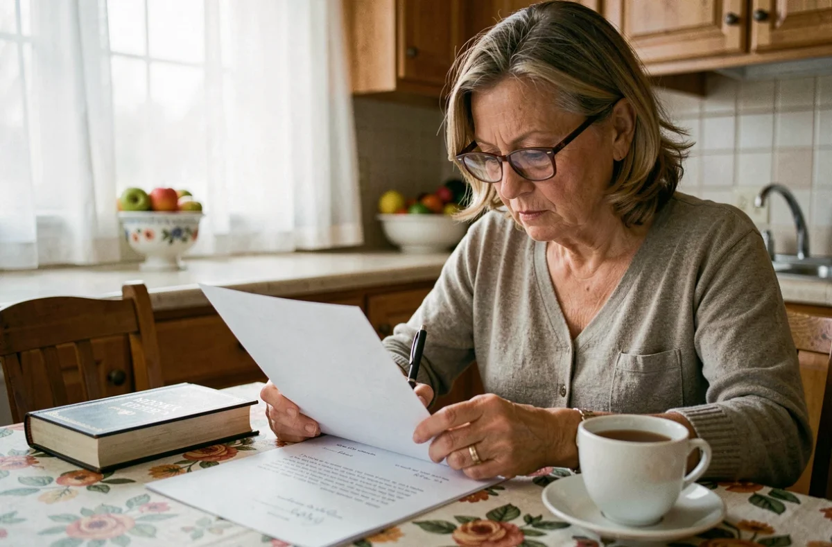 Femme mature relisant sa lettre de motivation pour un emploi d'entretien scolaire à la cuisine