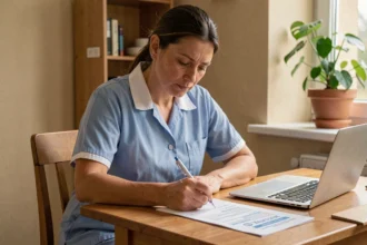 Femme en uniforme de ménage écrivant une lettre de motivation à un bureau à domicile