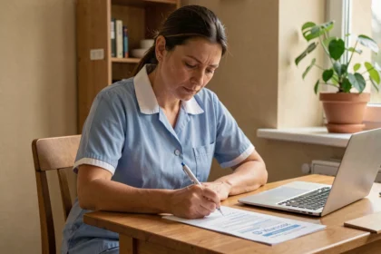 Femme en uniforme de ménage écrivant une lettre de motivation à un bureau à domicile