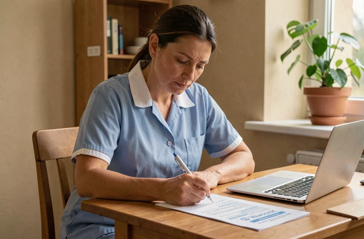 Femme en uniforme de ménage écrivant une lettre de motivation à un bureau à domicile