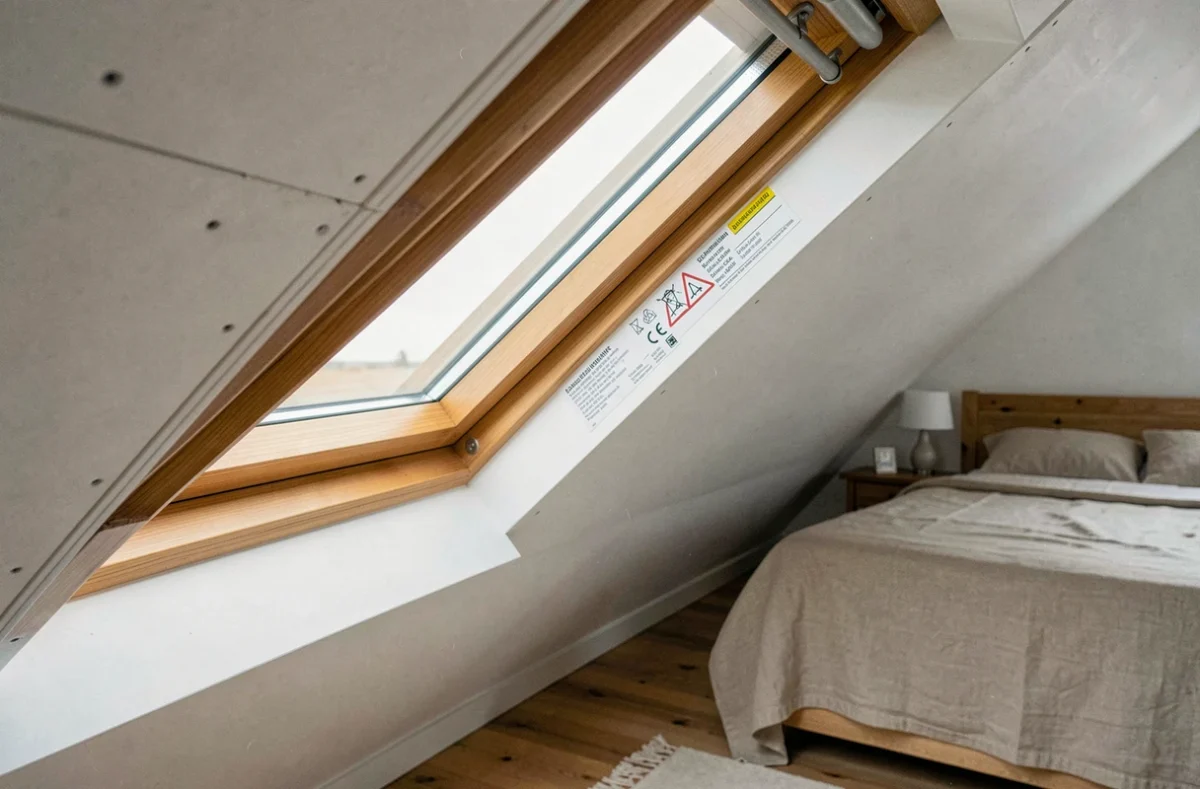 Fenêtre de toit installée dans une pente de plafond avec étiquette de certification de sécurité visible