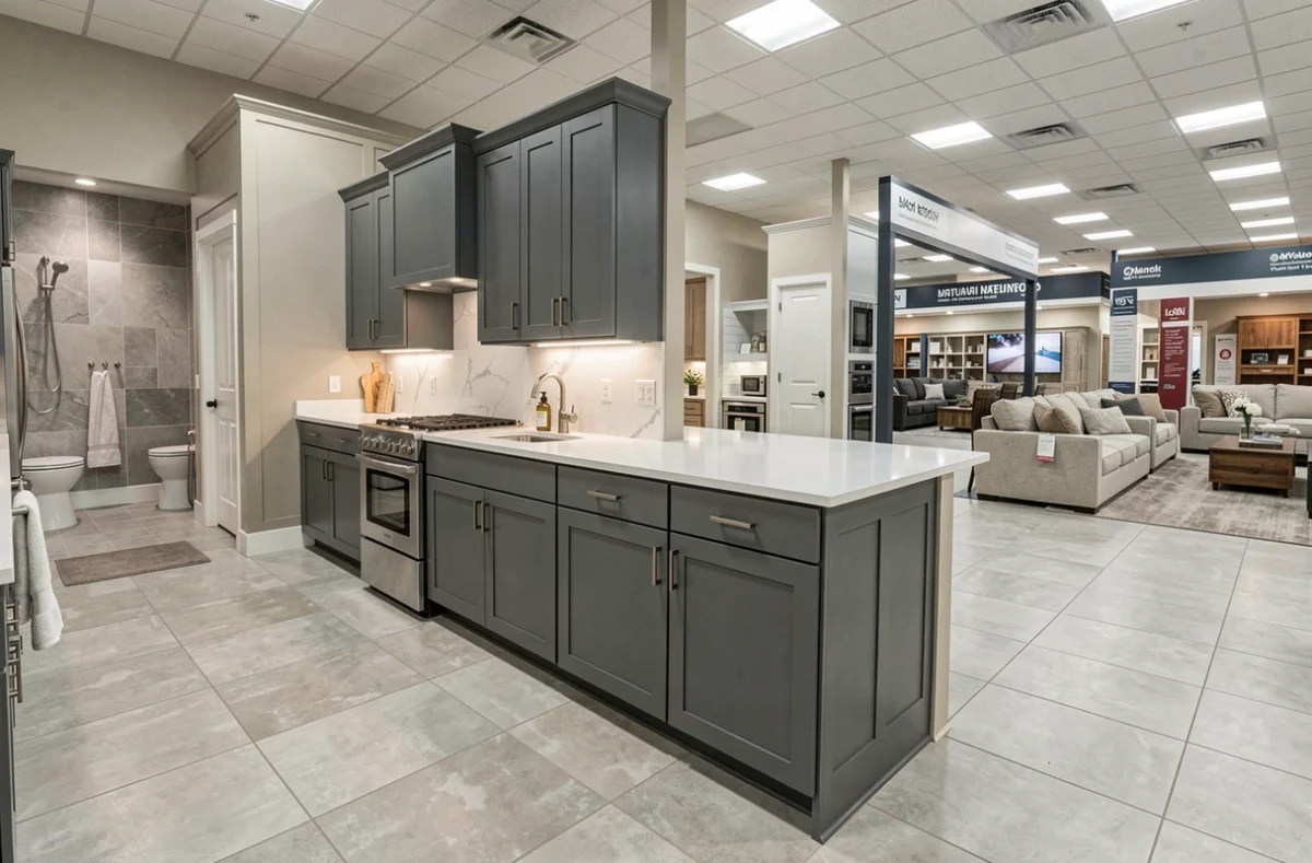 Showroom Global Habitat avec cuisine anthracite et quartz blanc dans un espace aménagement complet