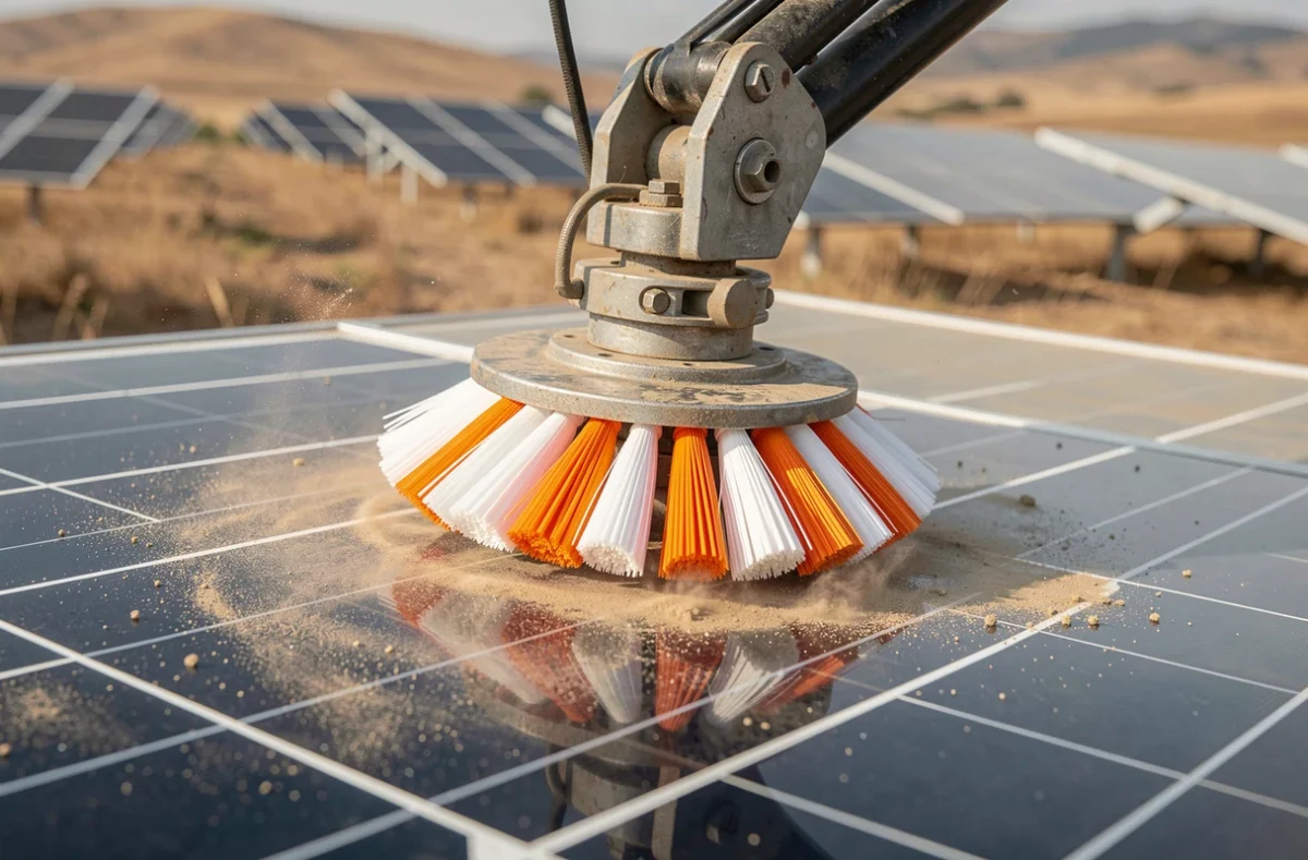 Gros plan sur les brosses d'un robot de nettoyage de panneaux solaires en ferme agricole