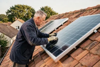 Technicien installant un panneau solaire monocristallin sur un toit en tuiles d'une maison individuelle