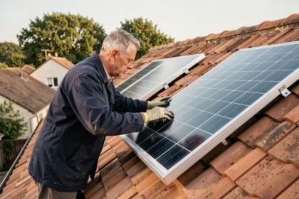 Technicien installant un panneau solaire monocristallin sur un toit en tuiles d'une maison individuelle
