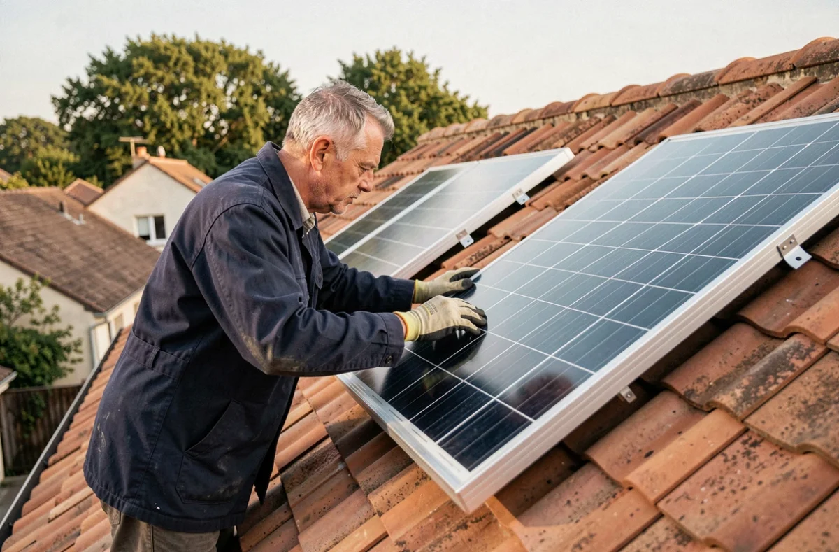 Technicien installant un panneau solaire monocristallin sur un toit en tuiles d'une maison individuelle