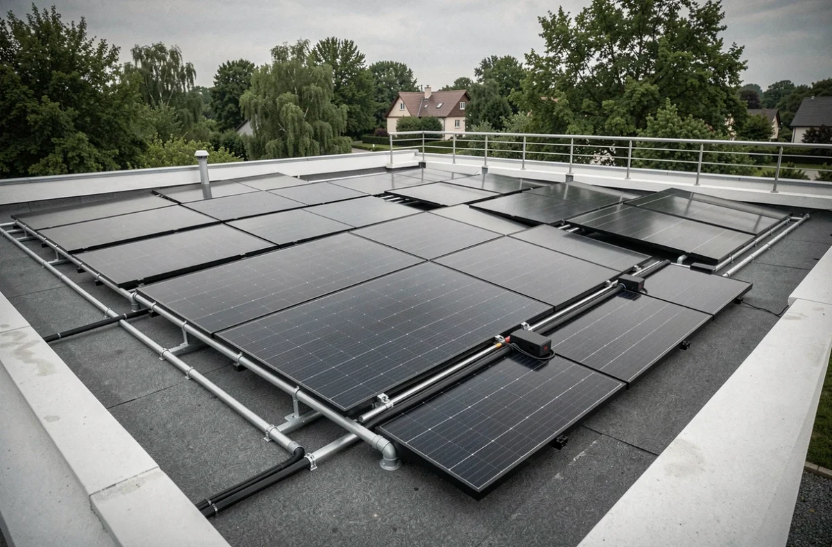Installation de panneaux solaires triphasés sur une maison moderne à toit plat