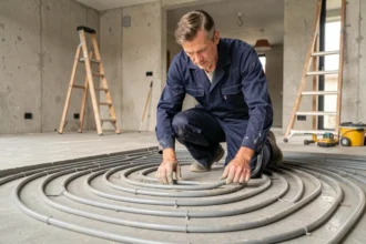 Technicien installant des tuyaux de plancher chauffant sous une chape en béton dans un salon en rénovation