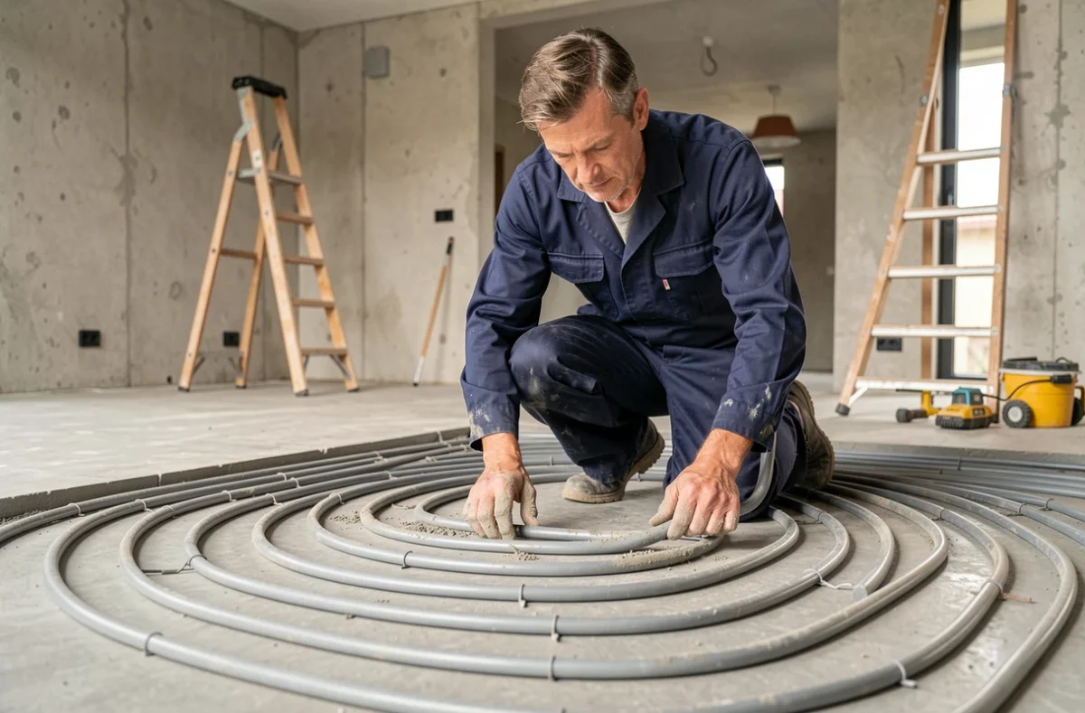 Technicien installant des tuyaux de plancher chauffant sous une chape en béton dans un salon en rénovation