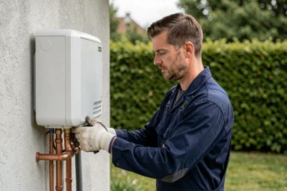 Technicien HVAC connectant les tuyaux en cuivre d'une pompe à chaleur murale extérieure sur une maison résidentielle