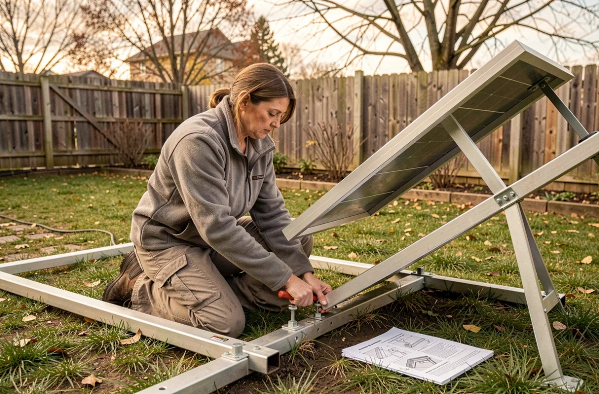 Femme installant elle-même un support de panneau solaire inclinable au sol dans un jardin résidentiel en automne