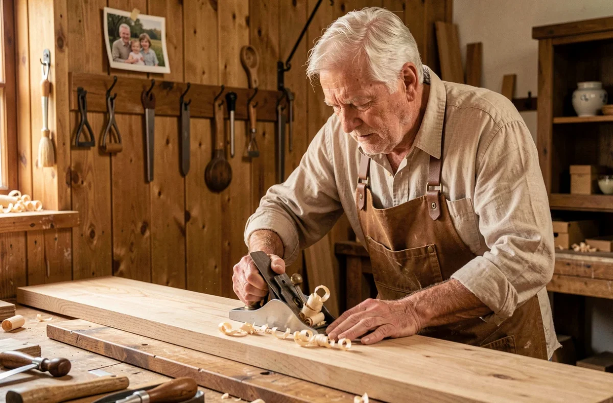 Maître menuisier de Jean-Loup Conin Menuiserie rabot à la main sur un large plateau en chêne dans un atelier artisanal familial