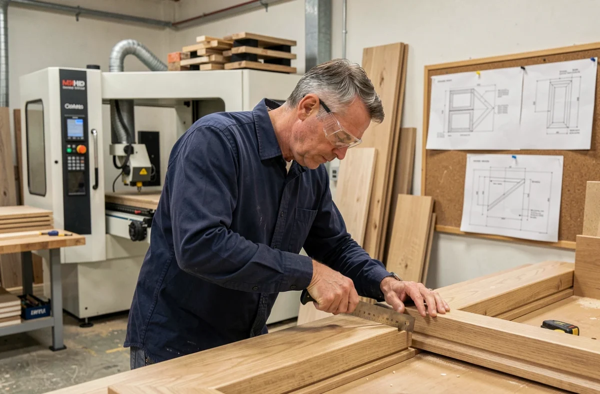 Menuisier de Julien Biron Menuiserie et Agencement mesurant un cadre de porte en chêne dans un atelier professionnel moderne