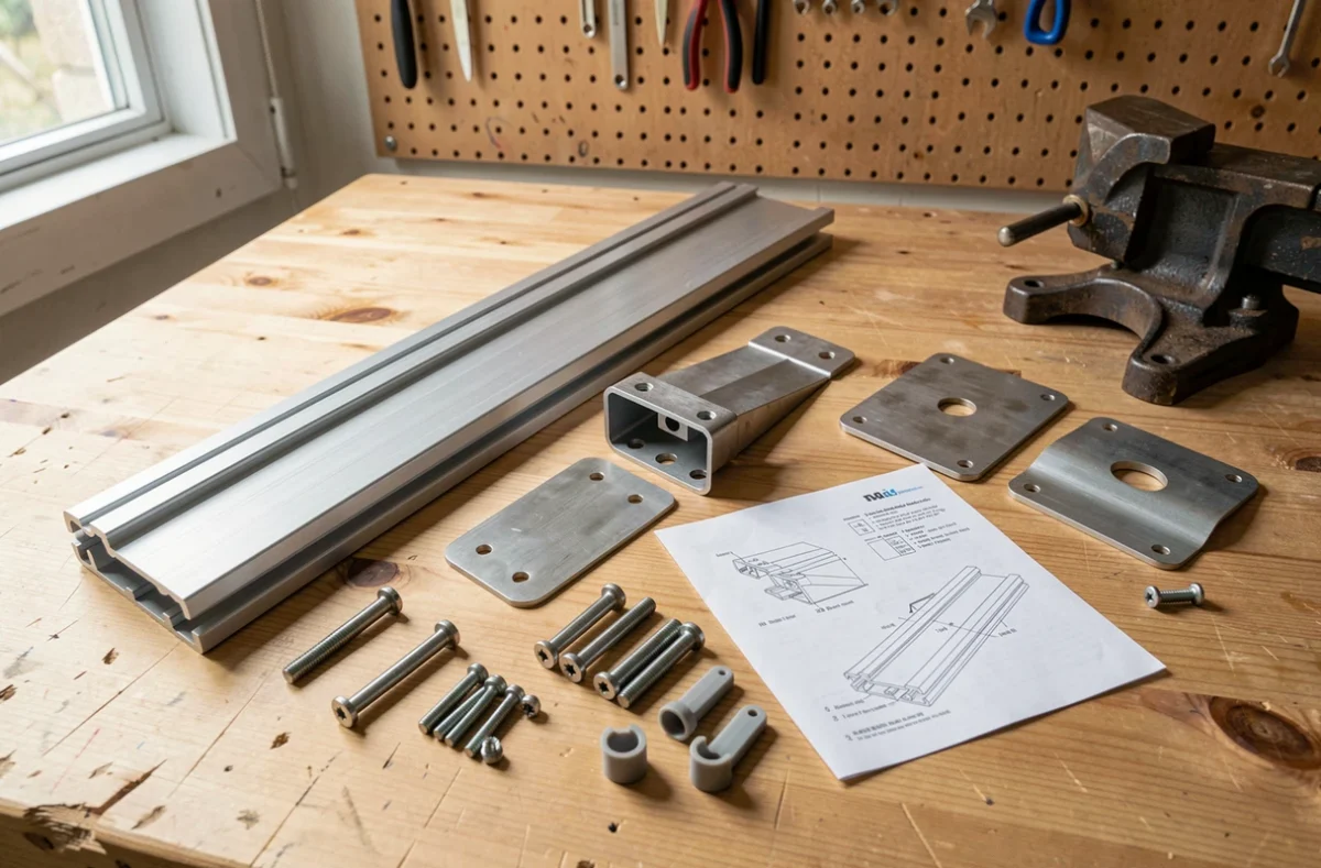 Vue à plat de tous les composants d'un kit de support de panneau solaire inclinable réglable sur un établi d'atelier