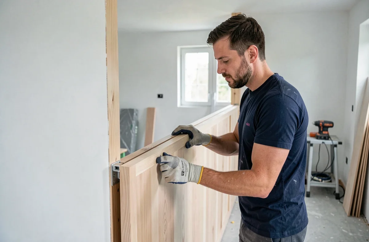 Menuisier de LC Rénover Menuiserie installant une cloison coulissante en bois dans un intérieur en rénovation dans le Calvados