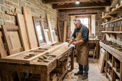 Atelier de menuiserie artisanale dans le Calvados avec un menuisier au travail parmi des panneaux en bois et des outils traditionnels