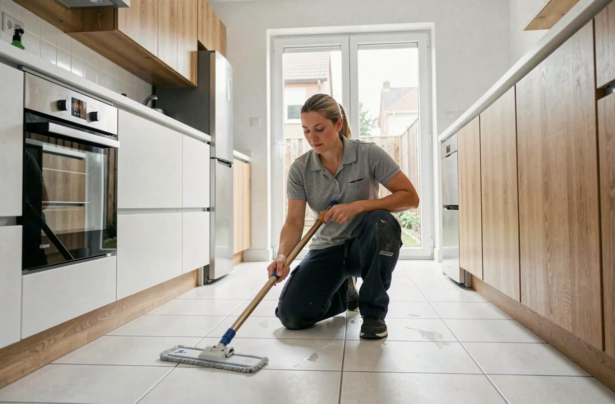 Employée de maison nettoyant le sol d'une cuisine moderne dans un logement de Pau