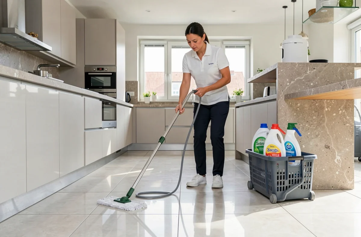 Professionnelle du nettoyage qui fait le ménage dans une cuisine moderne et spacieuse avec sol carrelé et plan de travail en pierre