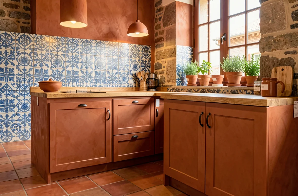 Cuisine d'inspiration basque de Pago 64 avec carrelage traditionnel et plan de travail en chêne massif