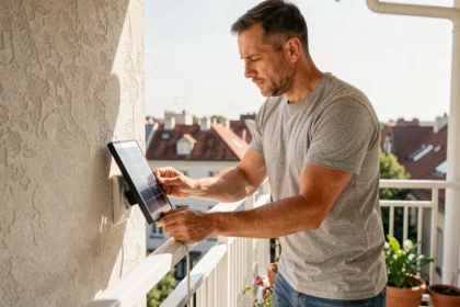Homme connectant un panneau solaire plug and play à une prise électrique sur un balcon d'appartement en ville