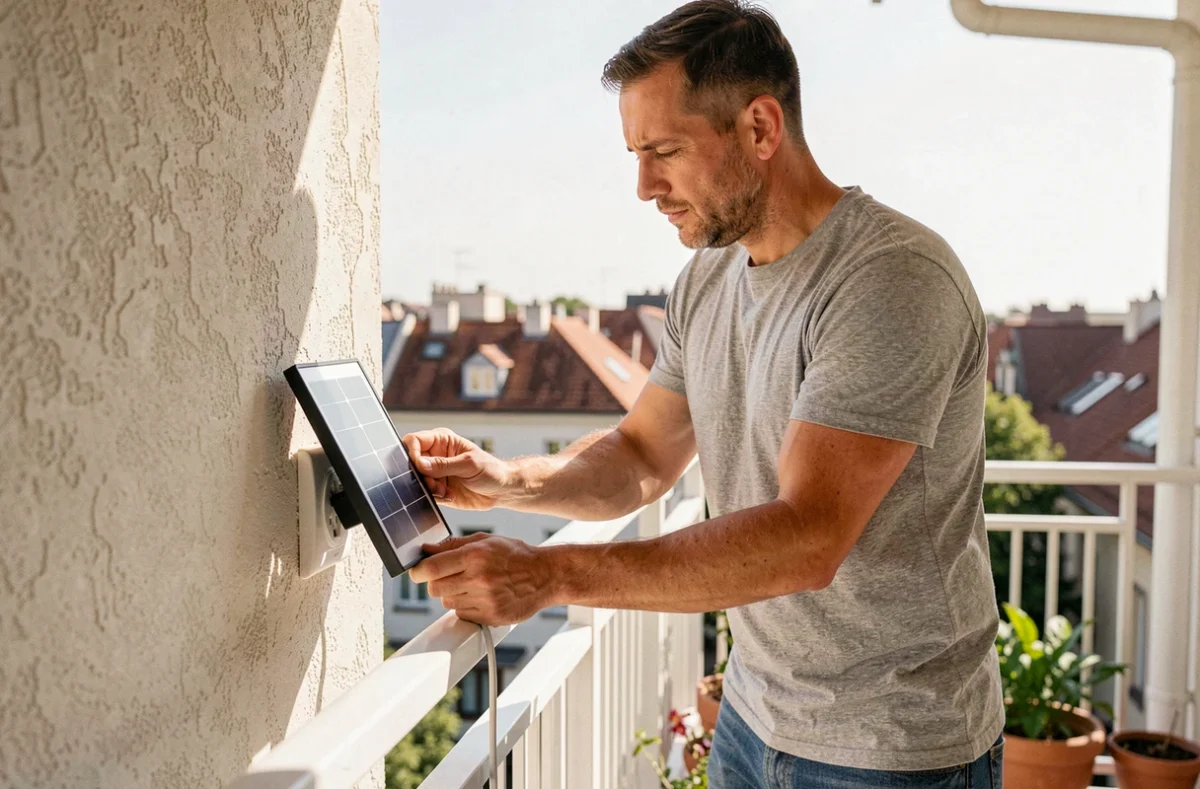 Homme connectant un panneau solaire plug and play à une prise électrique sur un balcon d'appartement en ville