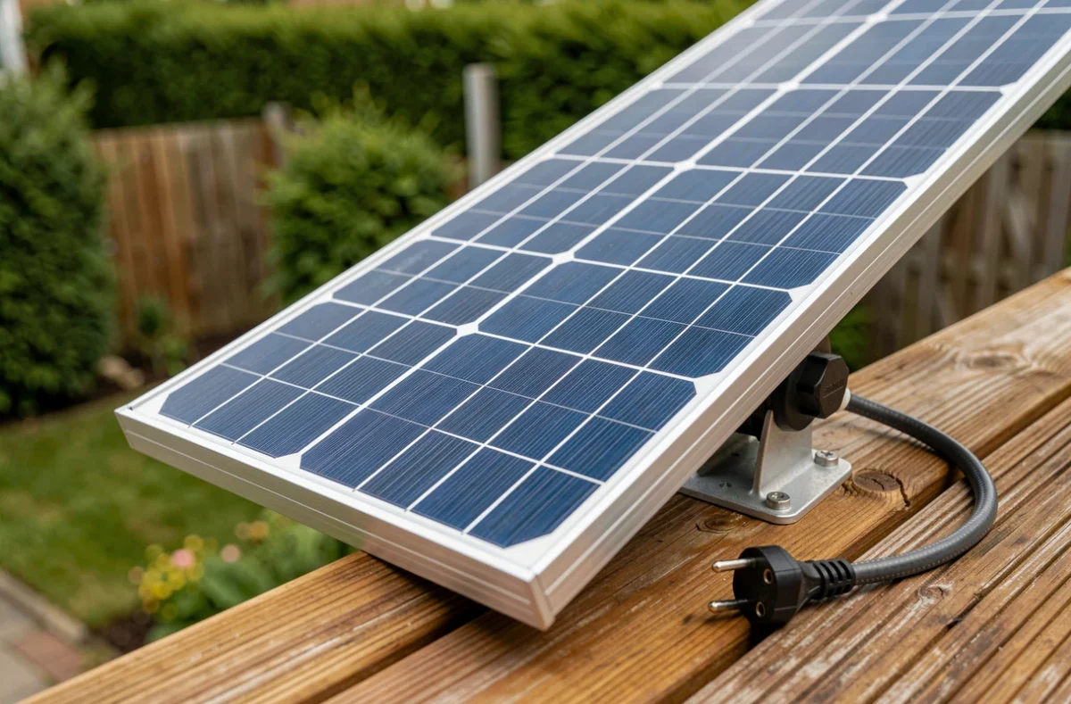 Gros plan sur les cellules photovoltaïques d'un panneau solaire plug and play fixé sur une terrasse en bois